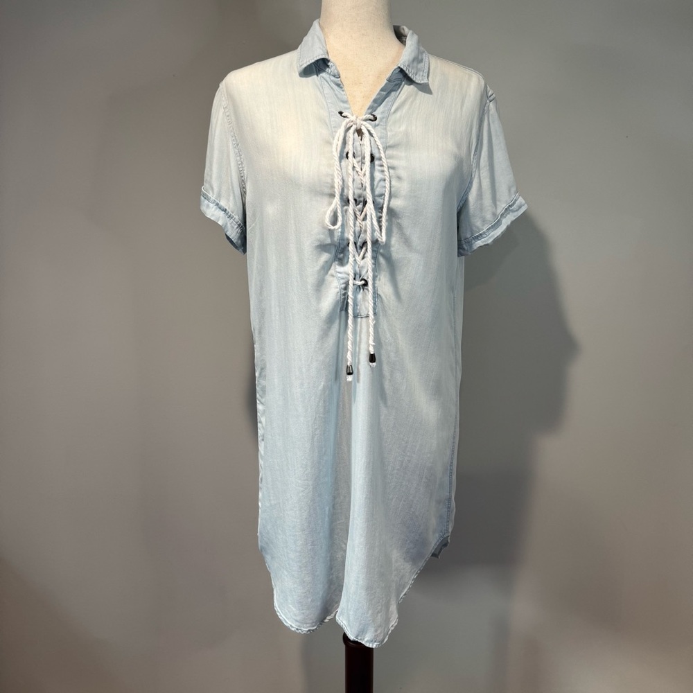 Rails Vintage Wash Chambray Short Sleeve Shirt Dress Lace Up Front Coastal S